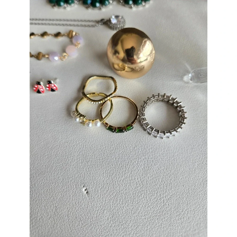 Vintage Jewelry Lot Visible Mix Necklaces Earrings‎ Rings + Glass Trinket Jar